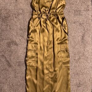 Satin Olive Green Maxi Dress with Pockets